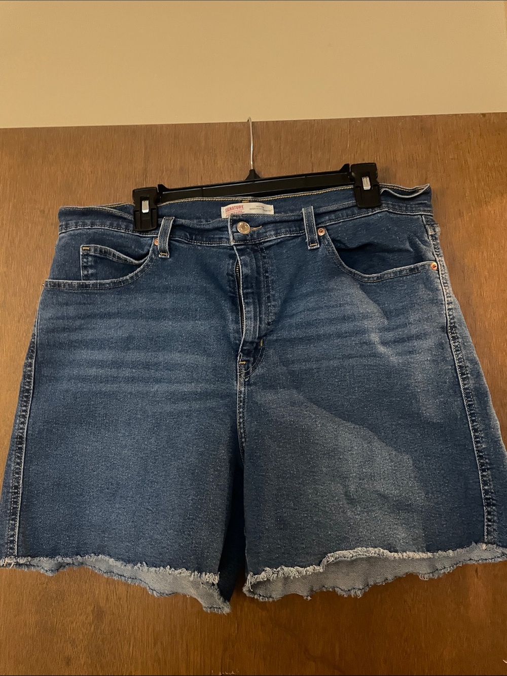Signature by Levi Strauss Dark Blue Frayed Hem Denim Shorts